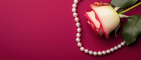 Rose and pearl necklace on deep ruby background, evoking elegance and romance