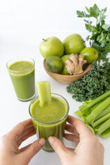 Refreshing Green Juice with Kale, Celery, Lemon, Ginger, and Green Apple