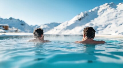 Two individuals are enjoying a soothing soak in hot springs nestled within a picturesque snowy mountain landscape, offering a refreshing escape from everyday life.