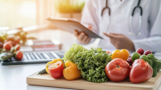 A professional nutritionist giving a health talk, in a well-lit seminar room, discussing the benefits of balanced diets