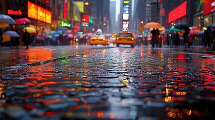 Obraz premium Rainy Cityscape: Neon Reflections on Wet Cobblestones