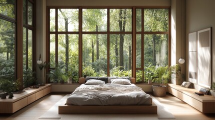 Sunlit Bedroom with Forest View and Minimalist Design