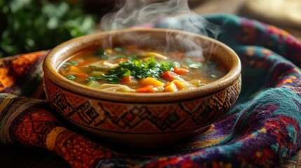 Steaming vegetable soup, rustic bowl, ethnic cloth, kitchen setting, food blog