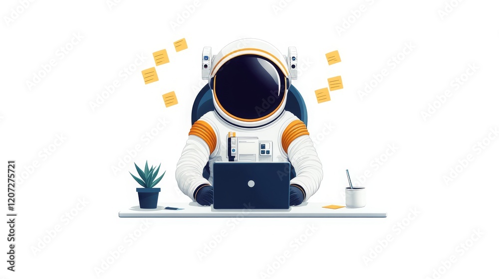 Poster astronaut coding quietly on a laptop with notes scattered in an outer space environment