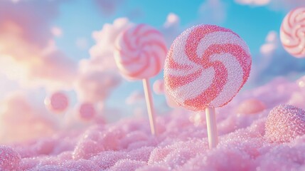 A whimsical candy land, pink lollipops emerge from a fluffy cotton candy landscape under a pastel sky, creating a dreamy, sweet, and enchanting scene.