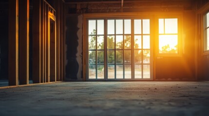 A spacious, airy room features a central door and a large window, allowing sunlight to pour in and illuminate the simple yet inviting interior.