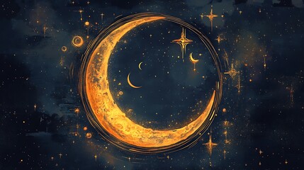 Naklejka premium Mystical night artwork featuring crescent moon and starry sky in abstract style