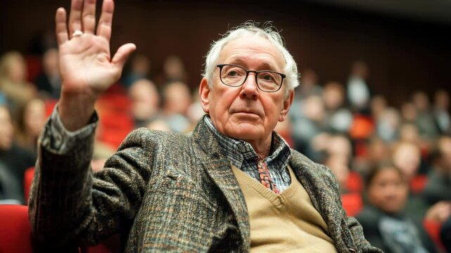 An older man with glasses is sitting in a red chair in a crowded room and asking for his turn to speak