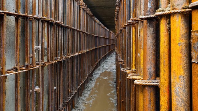 A dimly lit corridor stretches between two lines of aged, rusty steel bars, evoking a sense of confinement and mystery in its shadowy embrace.