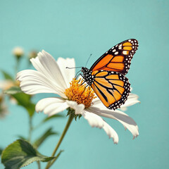 Fototapeta premium A butterfly is perched on a white flower. Concept of tranquility and beauty, as the delicate butterfly rests on the vibrant flower. The combination of the butterfly's bright colors