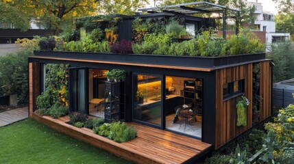 Obraz premium Modern Container Home with Green Roof and Vertical Garden