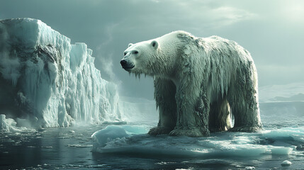 An emotional photography of a starving polar bear standing on a shrinking ice floe, set against a vast and melting icy ocean.