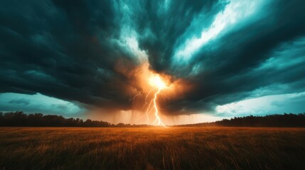 A breathtaking lightning bolt strikes through a turbulent sky, illuminating the dark clouds above, symbolizing nature's potential, and evoking awe and respect for its immense power.