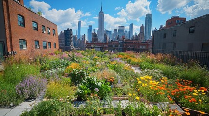 Obraz premium Vibrant Rooftop Garden with City Skyline View
