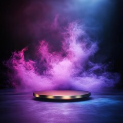 Glowing Neon Purple and Blue Smoke Stage with Golden Podium.