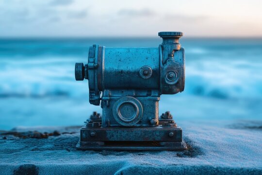 Weathered blue metallic pump near ocean, serene coastal scene.