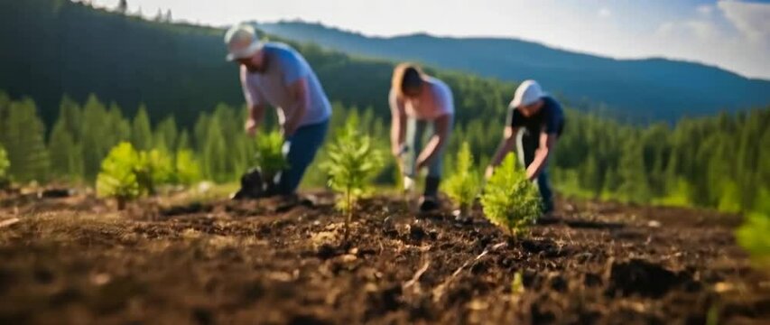 A group of volunteers planting young trees in a lush green forest, promoting environmental conservation and teamwork.