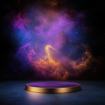 Cosmic Display Stand: Purple and Gold Podium against a Nebula Background.