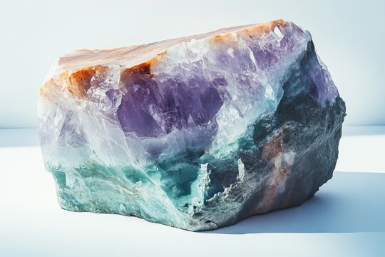 A large, multicolored fluorite specimen with purple, teal, and orange hues, showcasing its crystalline structure and rough texture.