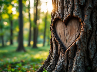 Heart carved in tree in sunlit forest