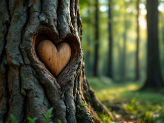 Heart carved in tree in sunlit forest