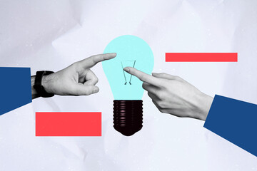 Creative photo poster trend art collage image of business people hands point light bulb icon idea...