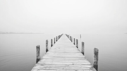 Monochrome pier extending into misty lake.