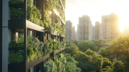Sunlit Green Building Facade in Urban Setting