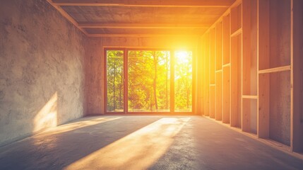 A serene room bathed in golden sunlight, with a window framing a tranquil view, inviting warmth and peace into the space.