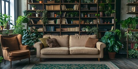 Sofa in a boho style, with lots of plants and bookshelves around it. The sofa is a beige color, and the room has a wooden floor and walls decorated with a dark green patterned carpet. 