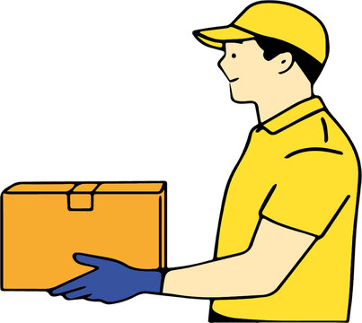 Personagem de entregador de entregador com caixa de encomendas vetorial desenhado &agrave; m&atilde;o.