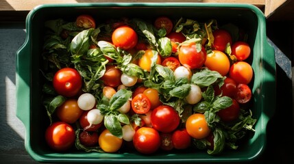 This image showcases a vivid arrangement of ripe tomatoes nestled among fresh basil leaves, highlighting the beauty of natural ingredients and their rich colors.