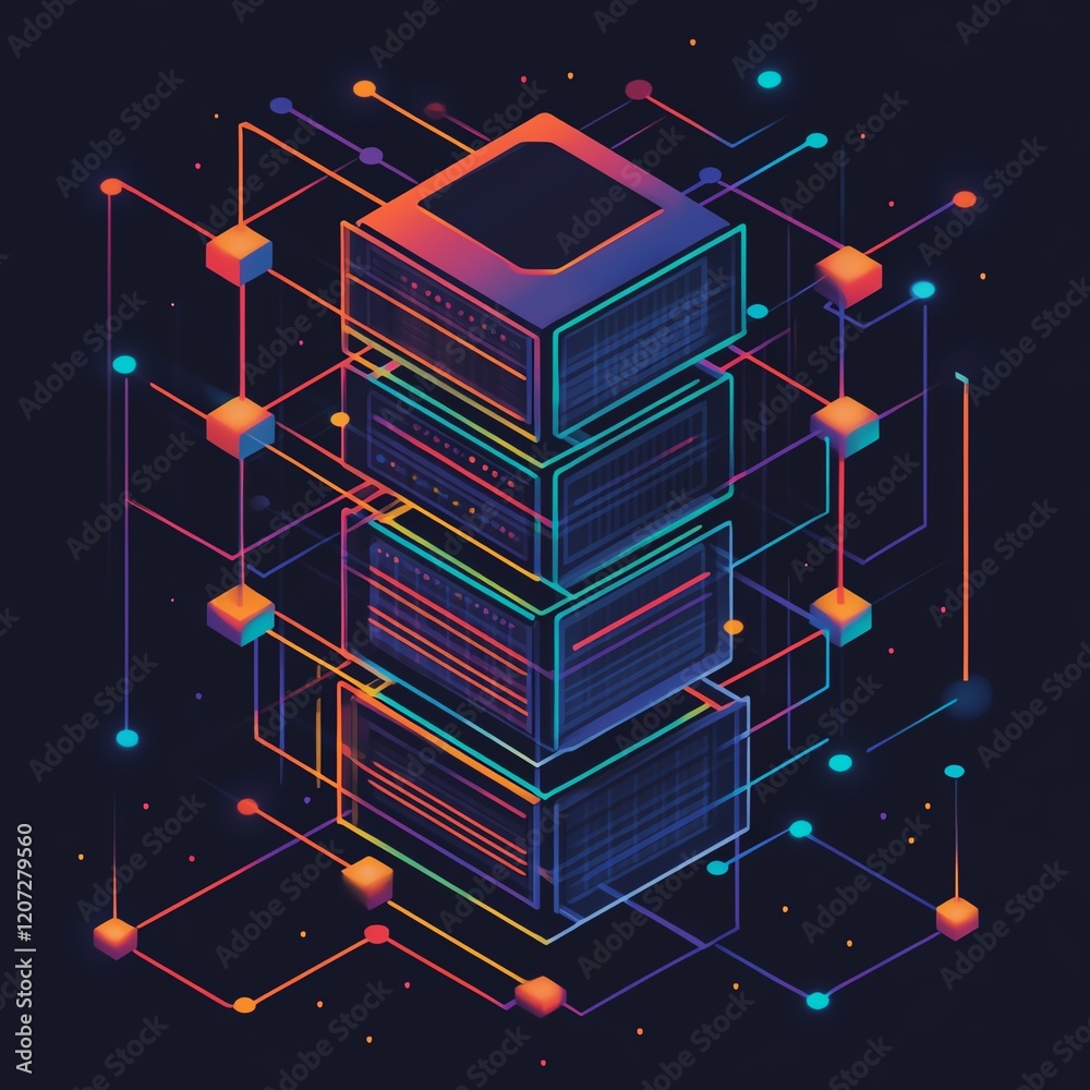 Poster digital representation of a data server with vibrant network connections in a futuristic design at n