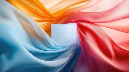 This image features vibrant draped fabrics in orange, red, and blue elegantly framing a soft blue square backdrop, creating a dreamlike visual experience.