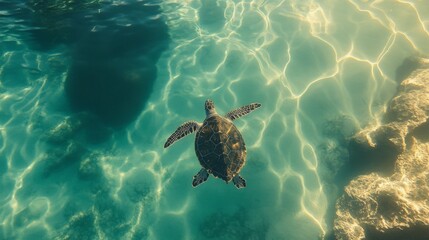 Fototapeta premium Sea Turtle Gracefully Swimming in Sunlit Ocean Water