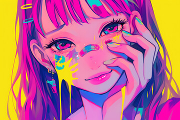 Naklejka premium Colorful portrait of a young woman with artistic face paint and vibrant hair against a bright background