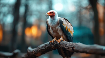 A striking vulture perches thoughtfully on a branch, showcasing its intriguing features and vibrant colors, embodying both solitude and a sense of wild majesty in its surroundings.