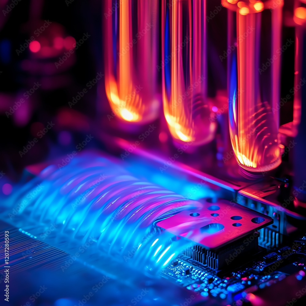 Poster vibrant colors illuminate a computer cooling system in a high-performance setup at a tech expo