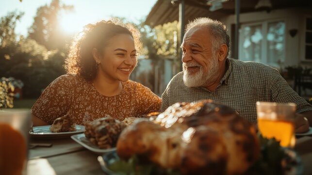 A heartwarming scene of a family sharing a meal outdoors during golden hour, highlighting the joy of togetherness and the warmth of cherished moments shared over delicious food.