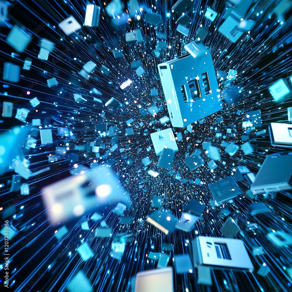 Poster digital data explosion illustrating the rapid flow and transformation of information in a technology