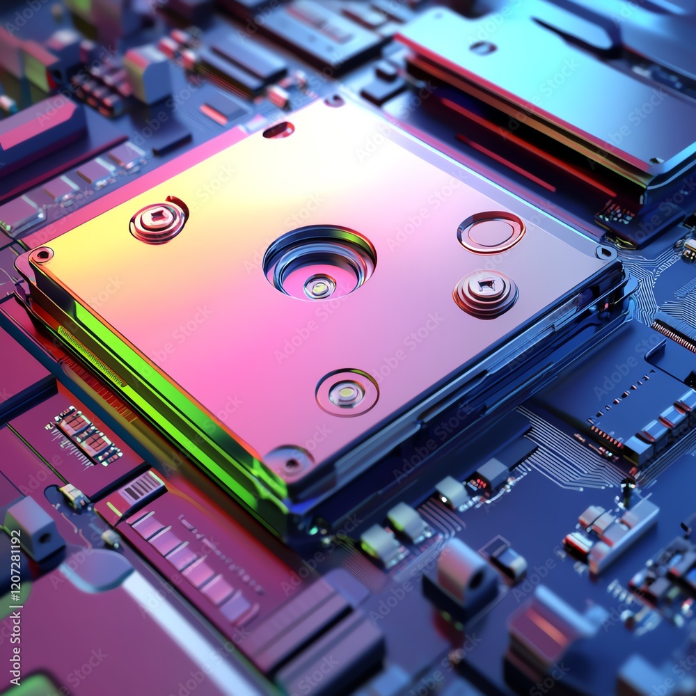 Poster close-up view of a modern computer chip with colorful metallic surface and intricate circuit details