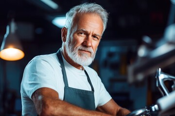 commercial photography for advertising campaign elderly man in professional apron fixing bicycle in modern workshop
