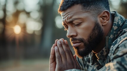 A contemplative man with hands clasped in prayer reflects profoundly in a natural outdoor setting, conveying themes of hope, peace, and introspection.