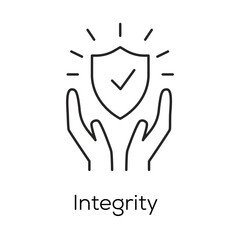 Integrity Icon – Hands Holding Shield with Checkmark Representing Data Trustworthiness - Editable stroke vector line icon