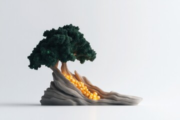 commercial photography for advertising campaign surreal 3d model of magical tree with glowing fruits and textured bark