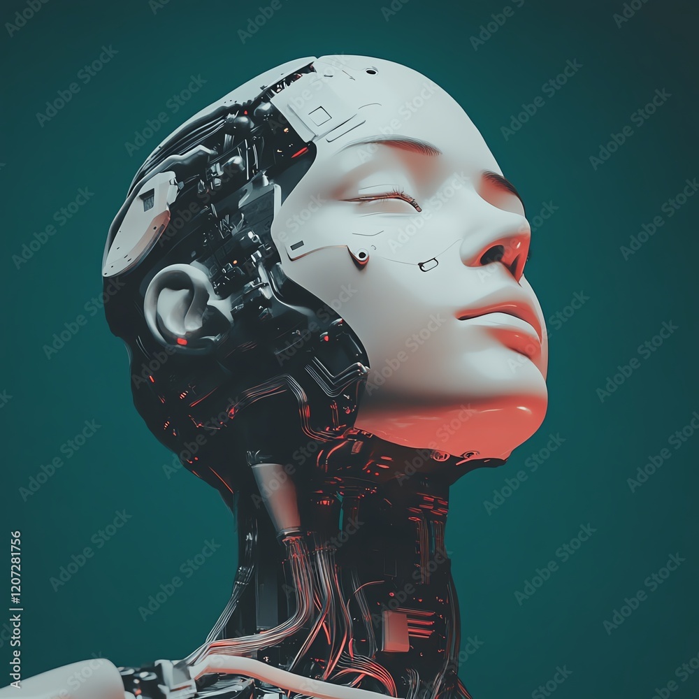 Poster advanced robotic head with intricate circuitry and serene expression in a futuristic setting