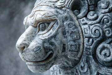 Close-up of an intricately carved stone lion statue, showcasing its weathered texture and detailed features.