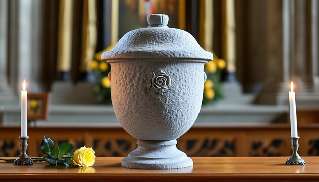 Textured stone urn in memorial setting with copy space