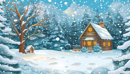 Fototapeta premium A cozy wooden cabin with glowing windows sits in a snowy forest during a winter blizzard.