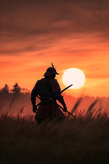 A samurai in bloodstained armor standing alone on a battlefield at dusk, his gaze fixed on the distant horizon.